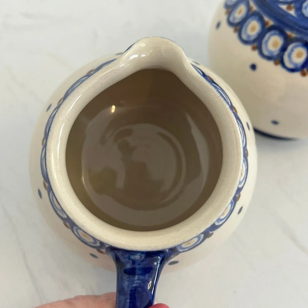 Vtg German‎ Pottery Creamer Pitcher Sugar Bowl Polish Pottery Style Hand Painted